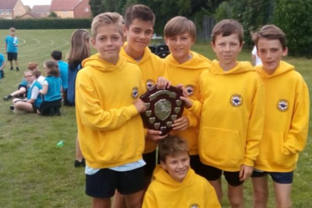 Overall winners, Queensgate Primary School Year 6 Boys Athletic Team. Left to right, Will Bridi, George Bridi, George Holbrooke, James Heng and Wilf Sutton. Front, Kai Grace.