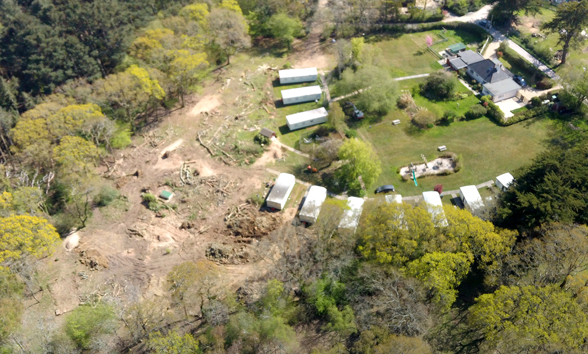 Aerial shot of Silver Glades Caravan Park following the tree felling. 