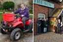Betsy on her quad bike, a sight which brought about her nickname 'quad bike lady', and pictured on the far right outside The Sun Inn.