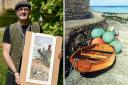 Andy Ashdown pictured with his submission painting on Landscape Artist of the Year. Photo: Sky Arts/Storyvault Films. And Out With The Buoys In Seaview, painted in ink and watercolour.