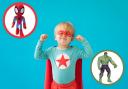 (Background) A boy dressed in a superhero costume ( Canva) (Circles) Toys from BargainMax. (BargainMax)