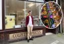 Andy outside his new chocolate shop. Inset: some of his creations.
