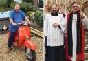 The Rev Tony Lawrence on his Vespa, and with Bishop of Portsmouth, the Rt Rev Jonathan Frost