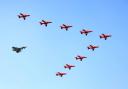Red Arrows and a Typhoon jet in formation near Bembridge.