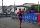 Liz finishing the Cardiff Sprint Triathlon
