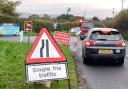 The temporary traffic lights currently in operation on St John's Road, Wroxall, outside the IW Donkey Sanctuary.