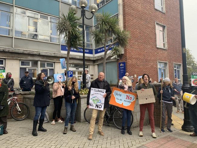 Campaigners outside of the Isle of Wight Council ahead of the planning meeting.