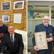 Cllr Ian Dore, back, left, with D-Day veteran Roy Hayward and Martin Keightly, Veterans' Hub. Right, Roy receives his freedom of Nettlestone and Seaview, from  Cllr  Harriet Hadfield.