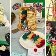 From left, Julie Richardson's winning display, Annie Brookes' winning cake for a King, some of the flower entries.