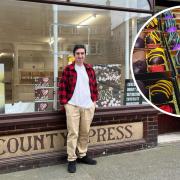 Andy outside his new chocolate shop. Inset: some of his creations.