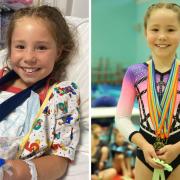 Liberty Lee, eight, in hospital for treatment, and after winning multiple gold medals in Southampton.