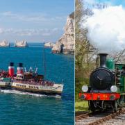 The Waverley passing The Needles and the steam locomotive Calbourne on the IW Steam Railway