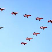 Red Arrows and a Typhoon jet in formation near Bembridge.