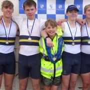 Ryde Rowing Club's winning boys' J16 coxed four, comprising Fin Diffey, Isaac Gibson, Charlie Watts and Joe Bird, stroke, with Harry Watts coxing.