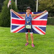 Liz Dunlop representing Great Britain at the European Age Group Triathlon Championships