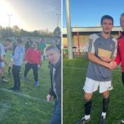 Celebrations at full time (left), and Vics' Man of the Match Raff Boyd-Kerr (right)