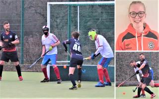 Nathan Bruce (in dark blue), left, with a scoring chance for the Isle of Wight men's seconds, Sophie Parkhouse, player of the match for the ladies' first team, and Stephen Woodford, who bagged a brace for the men's seconds.