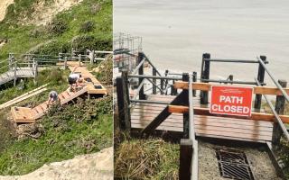 Work begins on the new Needles beach steps and the closed sign in December 2023