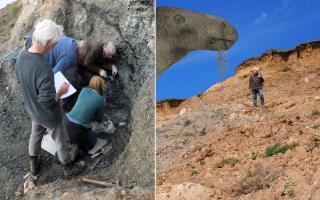 Left: Nick Chase sketching at the excavation site in 2013. Right: What the dinosaur looked like and Jeremy Lockwood.