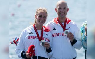 GB's Samuel Murray and Annabel Caddick on the podium after winning silver in the PR3 Mixed Double Sculls Final A at the Vaires-sur-Marne Stadium on day four of the Paris 2024 Summer Paralympic Games.