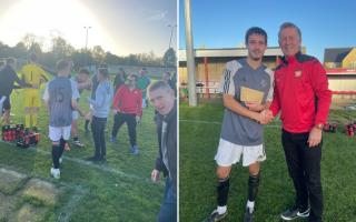 Celebrations at full time (left), and Vics' Man of the Match Raff Boyd-Kerr (right)