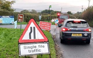 The temporary traffic lights currently in operation on St John's Road, Wroxall, outside the IW Donkey Sanctuary.