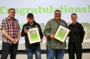 From left; BBC Radio 2 quizmaster and homelessness campaigner Jay Flynn MBE, Emmaus companion Lawrence (accepting an award on behalf of the CEO of Emmaus Dover), CEO of Emmaus Bolton, Tony Stephenson, and chief executive of Emmaus UK, Charlotte Talbott