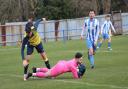 A disappointed Liam Triggs watches as a rare Cowes attack is thwarted by the Moneyfields keeper..