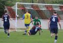 Michael Thompsett fires just wide of the Frimley Green goal on Saturday