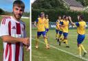 Josh Neale, left was East Cowes Vics' man of the match against Hamworthy United, and Newport celebrate their late winner at Ash United