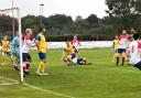 Goalmouth action from the Newport v Fawley game at Beatrice Avenue, East Cowes.