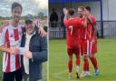 Vics man of the match Elliott Wheeler and Newport celebrating away at league leaders Frimley Green