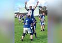 Ventnor seconds' Jack Gilbey being hoisted in the line pout against Fareham Heathens II.