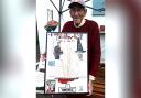 Marine artist Mike Miller, 80, with his America's Cup collage.