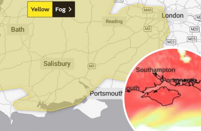 Main image shows the national Met Office weather warning skirting the Isle of Wight, but the IW Met Service (inset) says we will see foggy conditions.