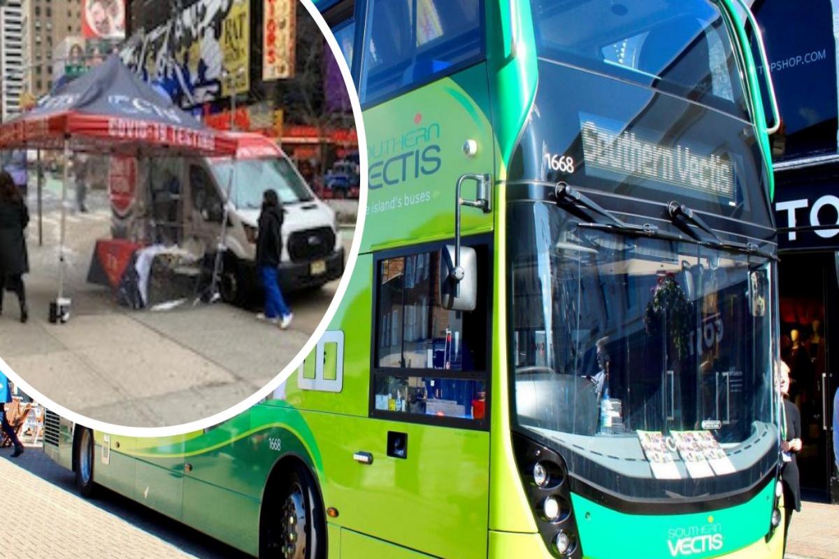 A Southern Vectis bus, and, inset, the kerbside Covid testing station in New York.