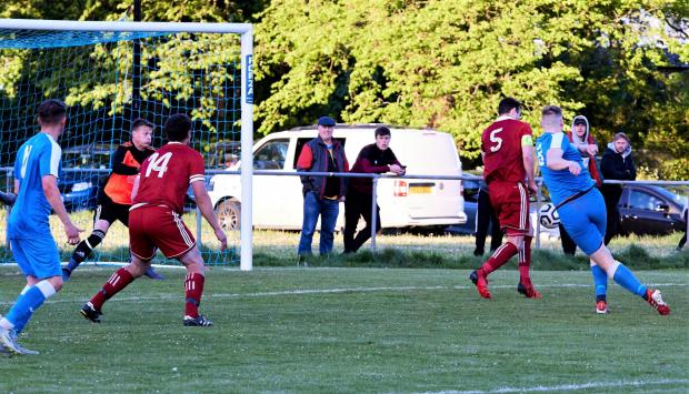 Isle of Wight County Press: Ryan Hill, far rght, scores Shanklin's injury time winner against W&B. Photos: Barbara Close