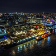 An aerial view of a Fred Olsen Cruise liner docked in front of the Royal Liver Building on Liverpool waterfront, Merseyside (PA)