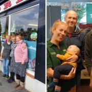Freshwater Pet Store, Isle of Wight: Left, retiring owner Richard Wheeler with staff members Di Marsh, Dee Wimpory and Debbie Walden, and right, new owners Kelly Goodyear (with baby Raife) and Mark Mocroft, with Richard Wheeler and his wife, Kerry.
