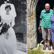 Tony and Greta Coburn on their wedding day 60 years ago and on their anniversary outside Whitwell Church