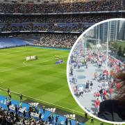 Catherine James at Wembley (inset) and her view at Bernabeu.