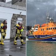The Yarmouth RNLI Lifeboat and the crew assembling at Yarmouth Lifeboat Station