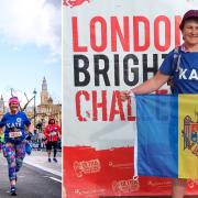 Kate Couch running past Big Ben at the 2023 London Marathon and Kate with the Moldovan flag at the start of the 2023 London 2 Brighton 100km Ultra Challenge in May