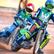 Charlie Southwick, right, in speedway action at Smallbrook Stadium.