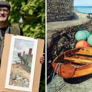 Andy Ashdown pictured with his submission painting on Landscape Artist of the Year. Photo: Sky Arts/Storyvault Films. And Out With The Buoys In Seaview, painted in ink and watercolour.