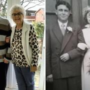 Beryl and Bern Hobbs on their wedding day, and 70 years later.