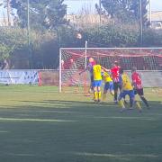 Goalmouth action between Vics and Port at Beatrice Avenue.