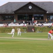 Action between an Isle of Wight Cricket Board team and a touring side from Down Under at Newclose, Newport.