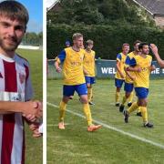 Josh Neale, left was East Cowes Vics' man of the match against Hamworthy United, and Newport celebrate their late winner at Ash United