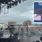 Arlo Edwards on stage with The Kooks at Victorious Festival